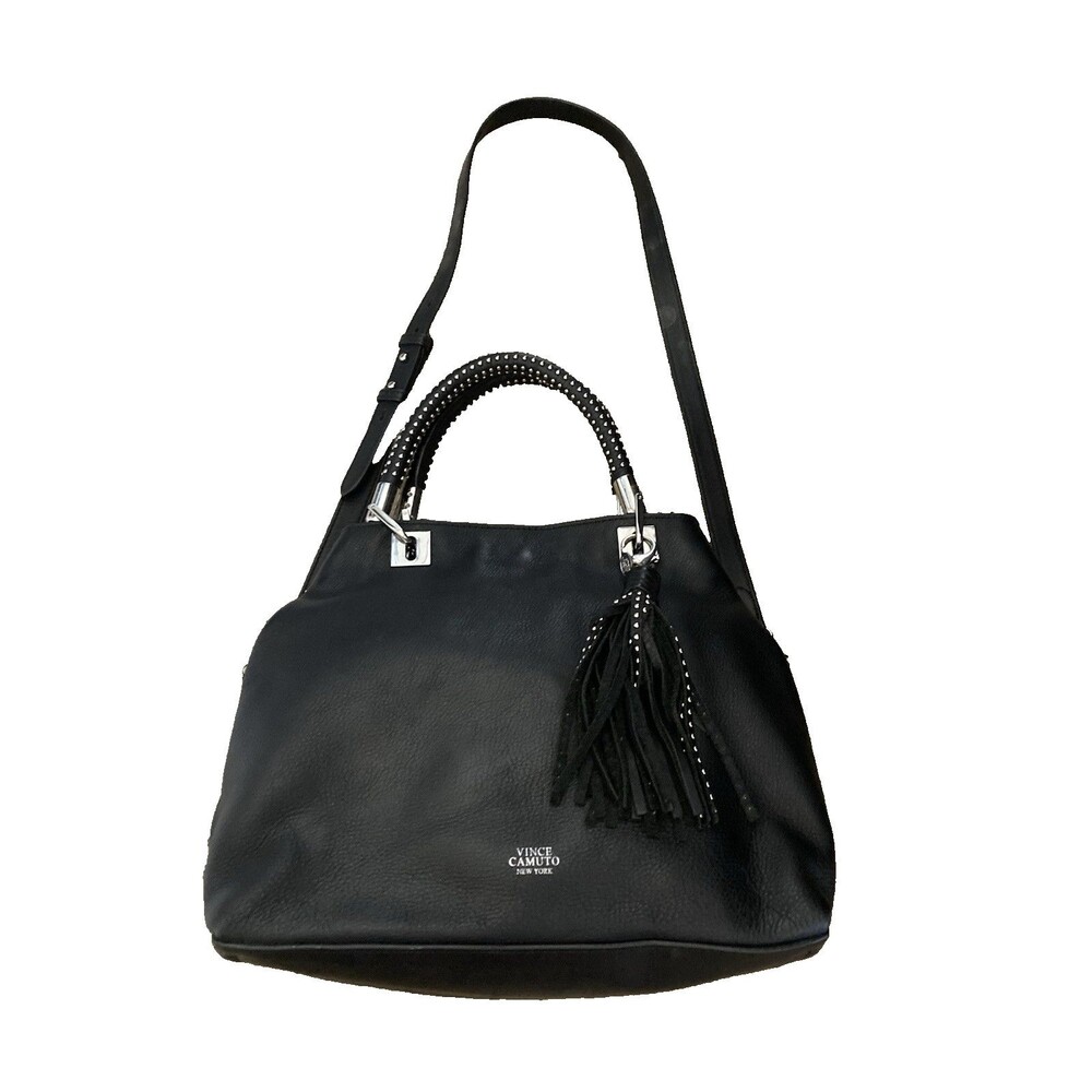 Vince Camuto Elva Black Pebble Leather Satchel Bag With Crossbody Strap Tassel